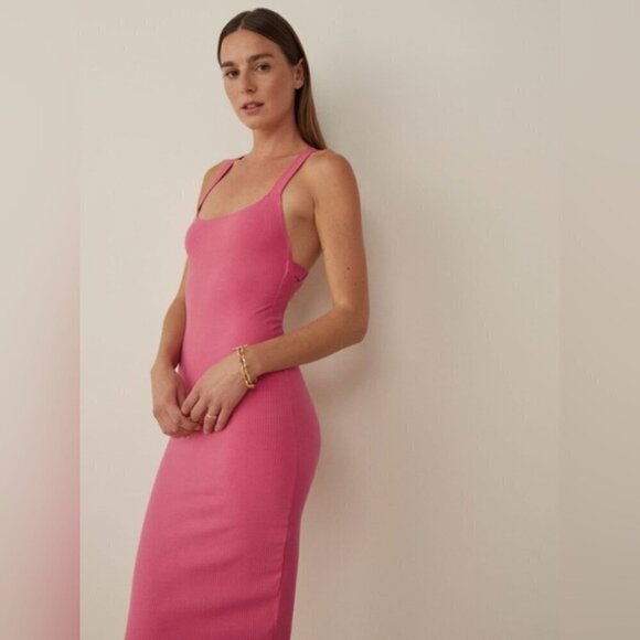 Reformation Sully Knit Ribbed Midi Dress in Snapdragon Pink size M Sexy Long - Picture 3 of 15